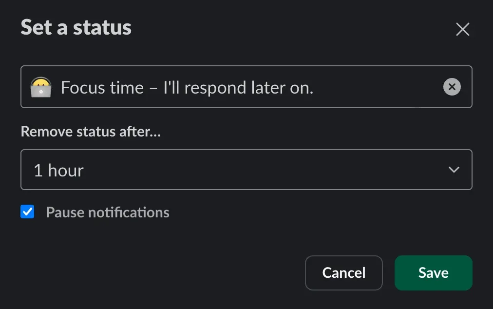 Setting Slack status to focus time